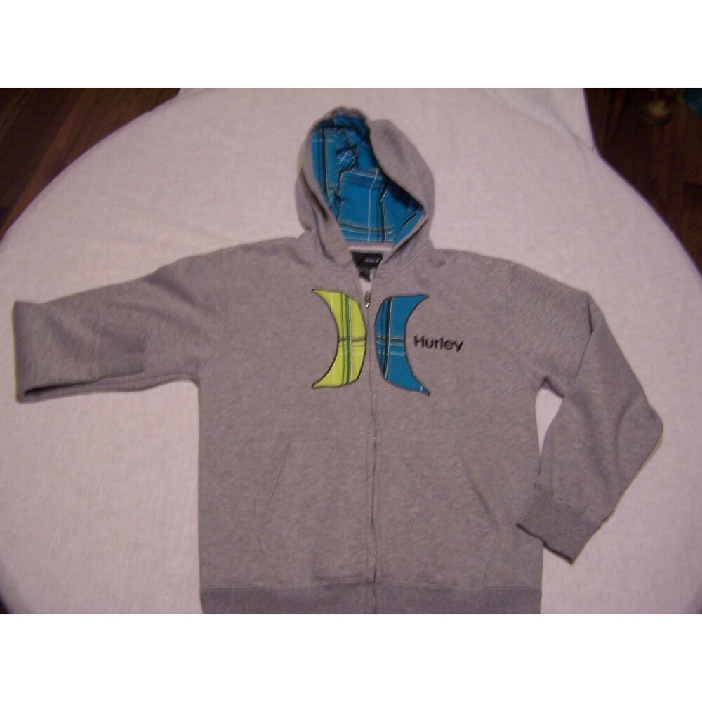 HURLEY Girls gray Hoodie with hurley symbol in aqua and lim Size LARGE L/G 10/12